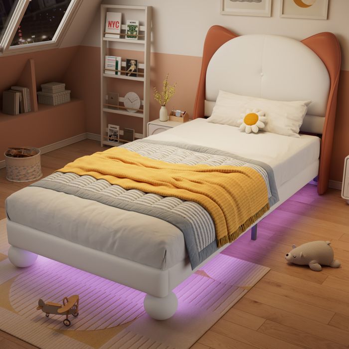 Lit Simple en PU 90x200 cm avec LED Structure de lit fille avec tête de lit en forme doreilles de chat Lit Enfant beige + jaune