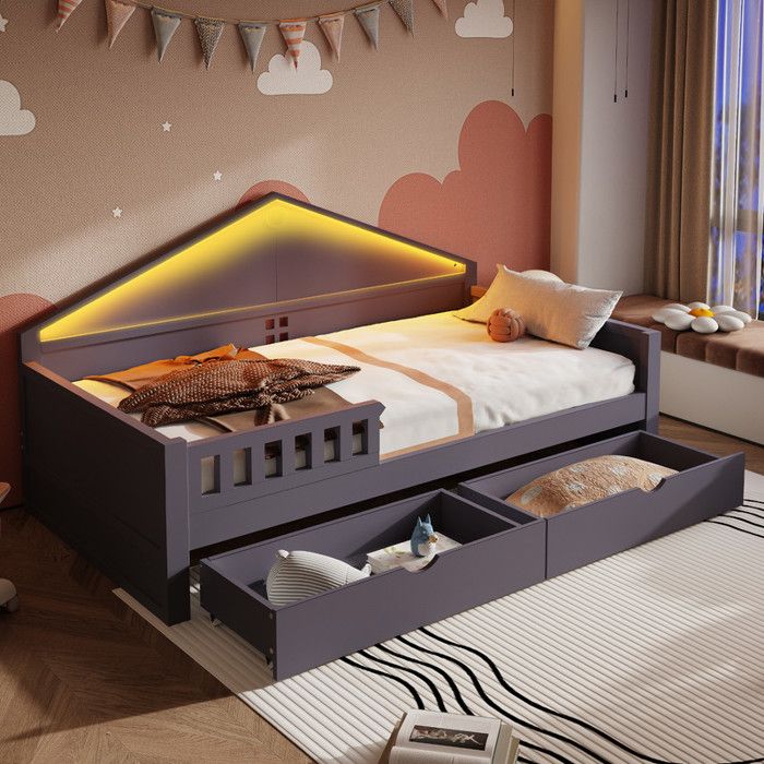 Lit de jour 90x200 cm avec éclairage LED lit enfant en bois avec tiroirs et sommier à lattes lit simple gris (sans matelas) Lit de jour 90x200 cm avec éclairage LED lit enfant en bois avec tiroirs et sommier à lattes lit simple gris (sans matelas)