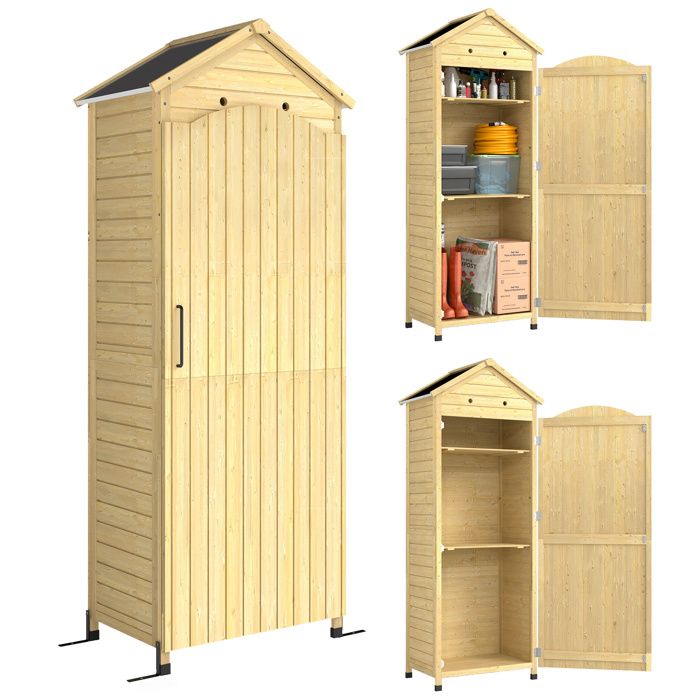 Armoire de jardin en bois - Outsunny - toit métal galvanisé texture gaufrée et étagères réglables - 213cm - bois naturel