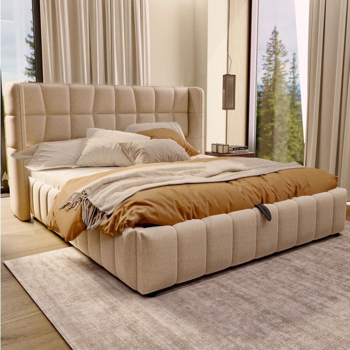 Lit double 180 × 200 cm en tissu beige avec coffre de rangement