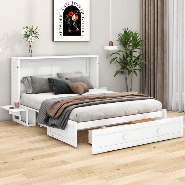 Lit double 140x200 cm avec tiroirs à lextrémité du lit Lit escamotable avec petite étagère sur le côté Lit 2 personnes en blanc