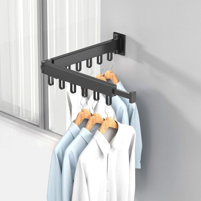 Étendoir à linge mural extensible - PZCC - Rotatif à 360° - Double épaisseur - Noir - Rétractable - Pliable