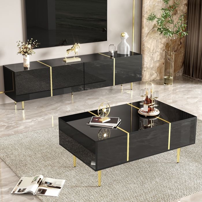 Ensemble Meuble TV et Table Basse - KOMHTOM - 170x35x46 cm - Noir Brillant - 4 Portes - Accents Dorés Ensemble Meuble TV et Table Basse - KOMHTOM - 170x35x46 cm - Noir Brillant - 4 Portes - Accents Dorés
