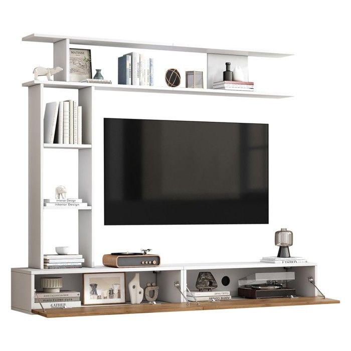 Ensemble Meuble TV Mural-Blanc-Bois 180x35x22.5cm-Avec Vitrines-Étagère Murale-Pour TV 80 Sans TV Ensemble Meuble TV Mural-Blanc-Bois 180x35x22.5cm-Avec Vitrines-Étagère Murale-Pour TV 80 Sans TV
