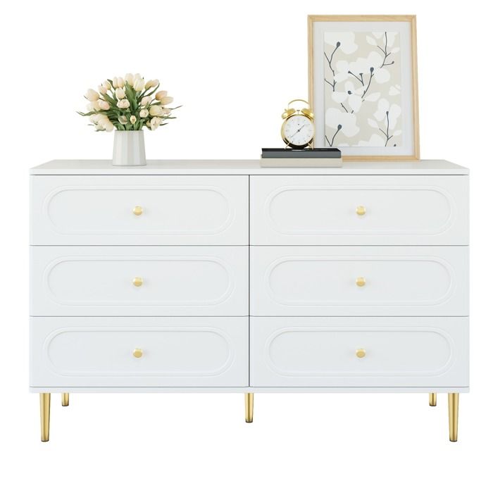 Buffet bas blanc 6 tiroirs – pieds métal – style moderne – 120 x 40 x 75 cm
