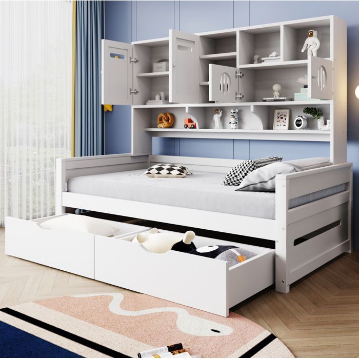 Lit multifonction 90 x 200 cm Blanc avec rangement 2 tiroirs sommier a lattes sans matelas