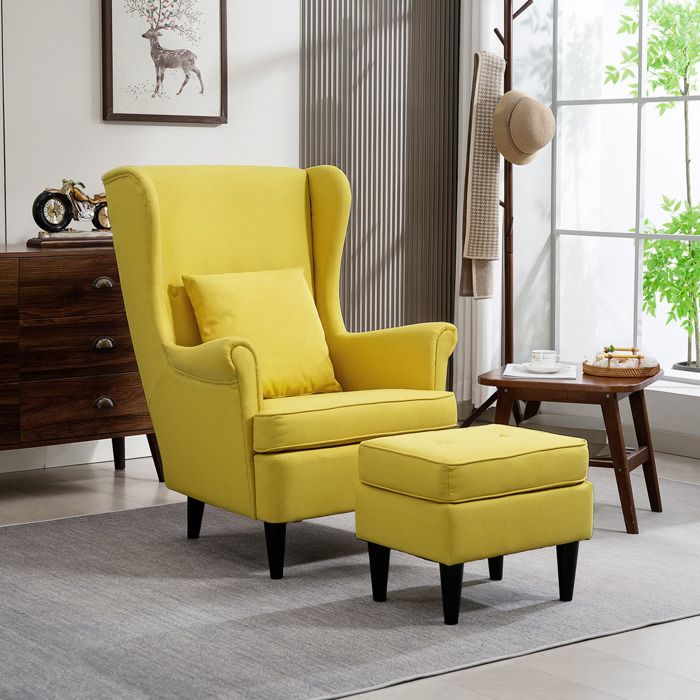 Fauteuil - Fauteuil à oreilles - Tissu jaune - Pieds bois dhévéa - Coussin lombaire & ottoman