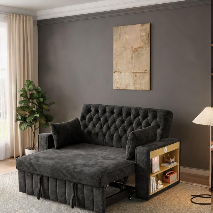 Canapé convertible 2 places moderne multifonctionnel en tissu chenille slate gray avec fonction couchage