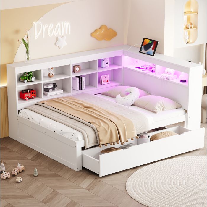Lit double 140x200 en bois massif avec rangement tiroir tête de lit étagère USB et LED blanc