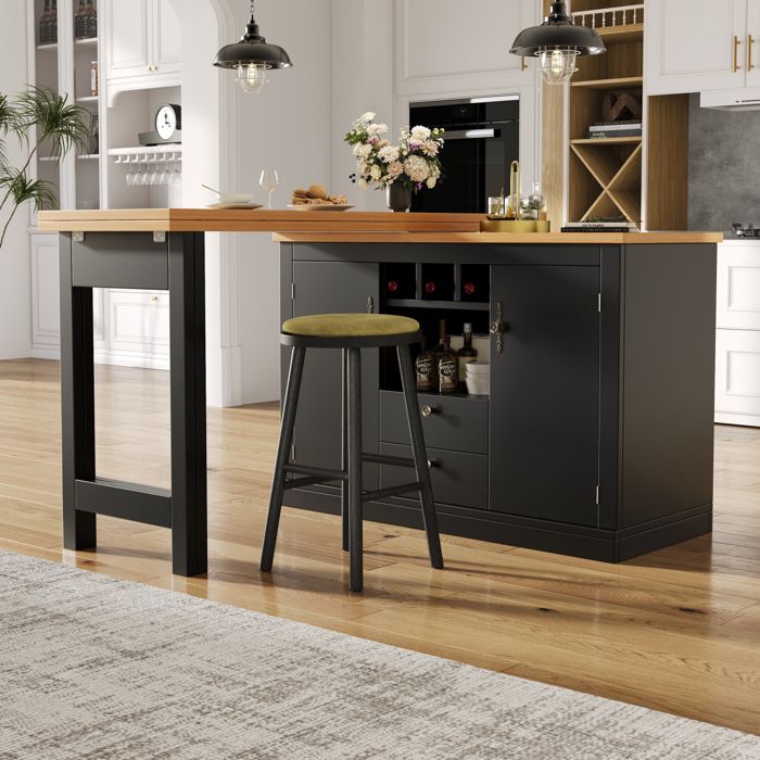 Buffet bas extensible 120-180 cm en MDF noir et naturel avec rangement et tiroirs