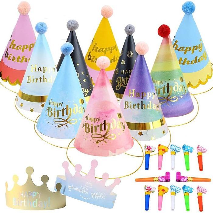 24 pcs Chapeau Anniversaire Kit 10 Chapeaux Cône de Fête 2 Couronne Anniversaire en Papier 12 Sifflet Colorées pour La Fête