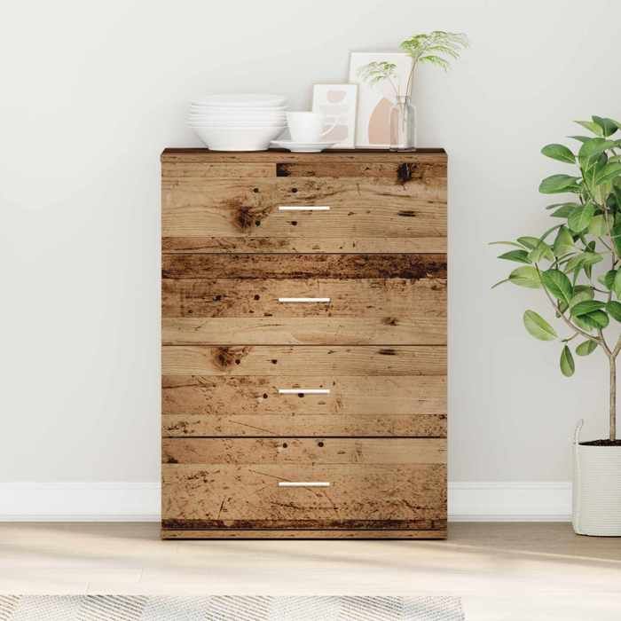 Buffet salon séjour meuble de rangement bois dingénierie - bois ancien - 4 tiroirs - avec poignées - 60 x 39 x 80 cm &252390