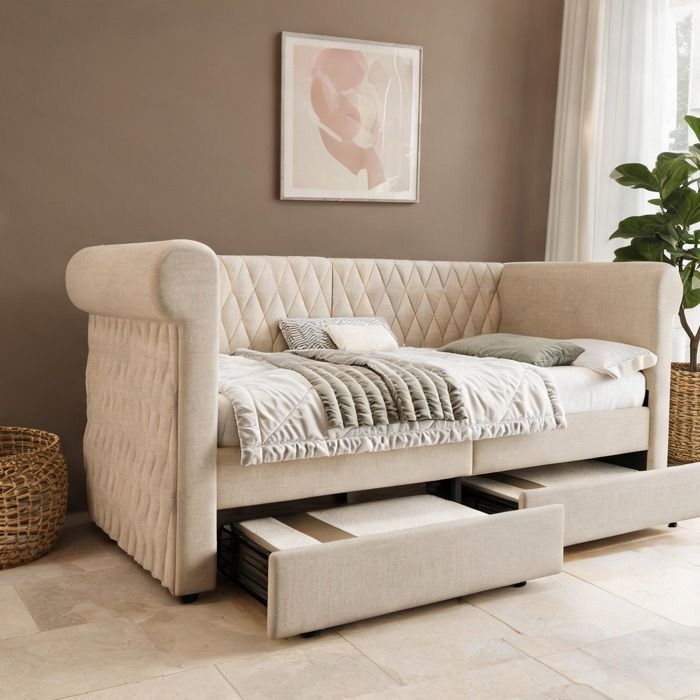 Sofa-lit 90x200 cm avec rangement cadre en lin beige chaleureux et sommier à lattes bois têtière vintage et 2 tiroirs