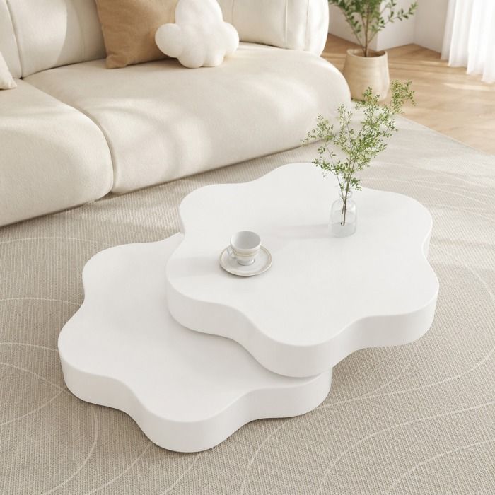 Table basse salon Forme Fleur Pivotant à 360° Laqué Double Couche Rangement Ouvert Style Moderne élégant 748x675x31cm Blanc Crème