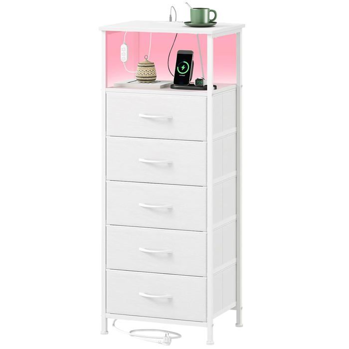 Table de chevet haute éclairage LED 5 tiroirs tissu prise USB intégrée étagère ouverte finition blanc structure acier et bois