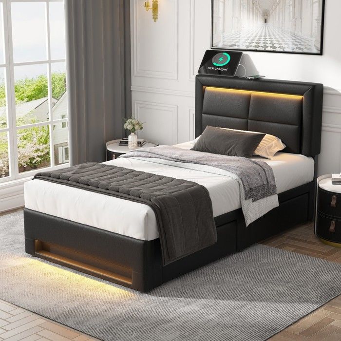 Lit rembourré 90x190 cm noir avec ports USB éclairage LED 4 tiroirs simple 1 place Lit rembourré 90x190 cm noir avec ports USB éclairage LED 4 tiroirs simple 1 place