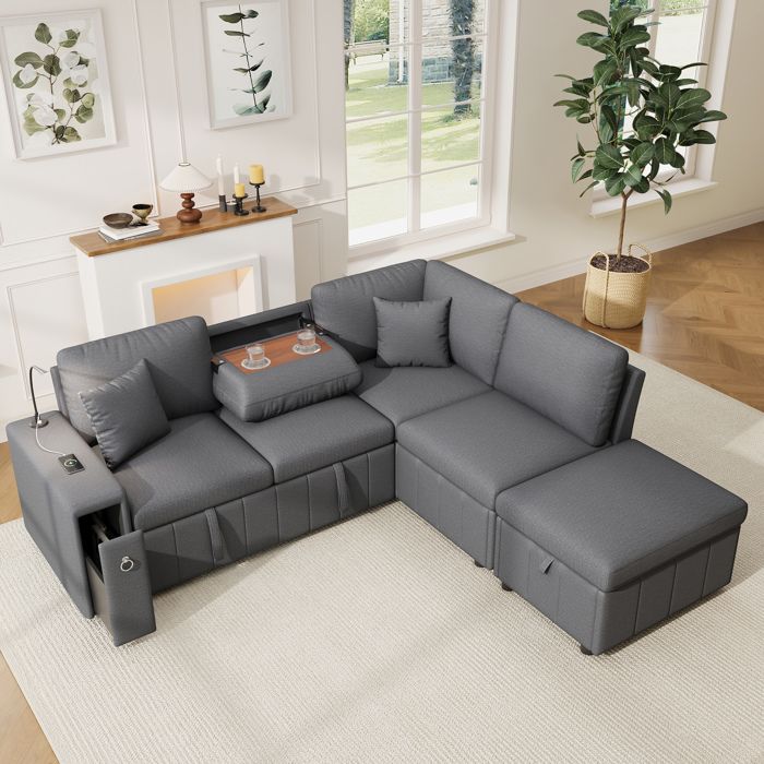 COVREO Canapé d’angle convertible gris 5-6 places avec pouf rangement USB Type-C lampe et 2 coussins