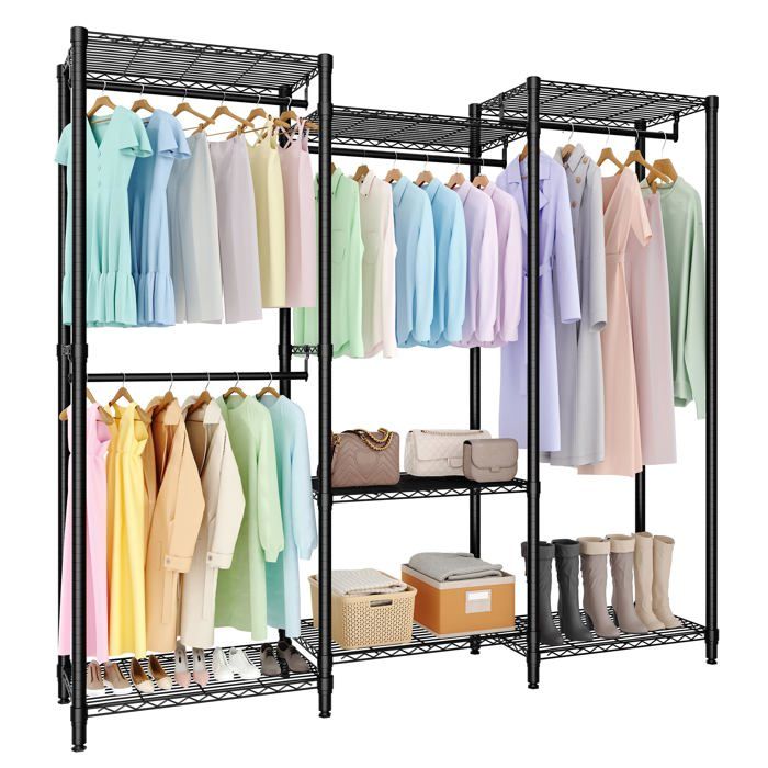 FURNTRASTAR Portant à Vêtements Modulable Noir - Armoire Dressing avec 4 Tringles et Étagères Réglables - 2x3x2 Niveaux