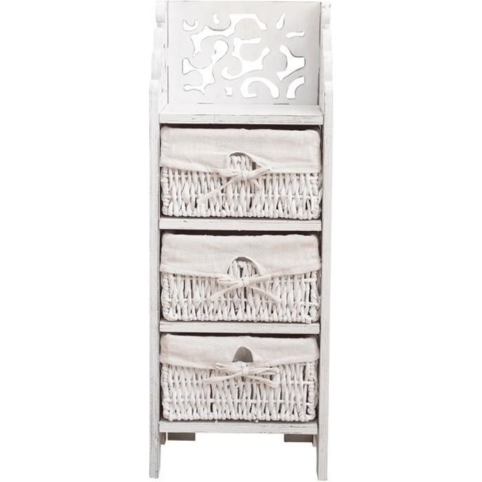 commode table de chevet en bois et osier blanc - rebecca mobili - 3 tiroirs - style campagne
