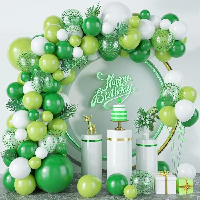 Lot 50 Ballons Jungle Vert Blanc Or + 10 Feuilles Palmier - Thème Tropical Safari Anniversaire Mariage Été