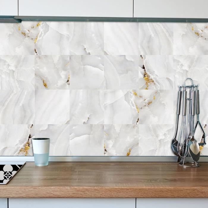 Credence Adhesive pour Cuisine 30X30 Blanc Stickers Cuisine Stickers Muraux Cuisine Carrelage Adhesif Mural Stickers Salle de Bain Dalle Pvc Adhesive Murale (10 Pièces