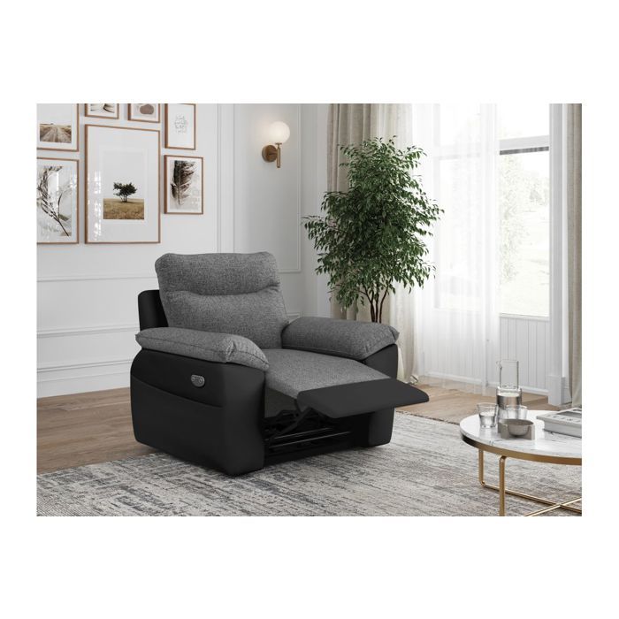 Fauteuil de relaxation électrique ROSS en tissu et simili - Noir/Gris - L101 x P100 x H102cm - LOUNGITUDE Fauteuil de relaxation électrique ROSS en tissu et simili - Noir/Gris - L101 x P100 x H102cm - LOUNGITUDE