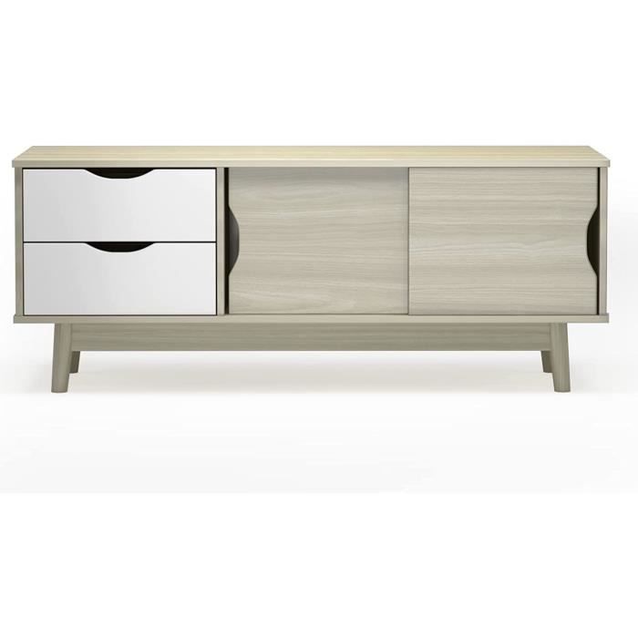 Meuble TV 160 cm avec 2 tiroirs 2 portes coulissantes - Motif en rotin - Bois MDF