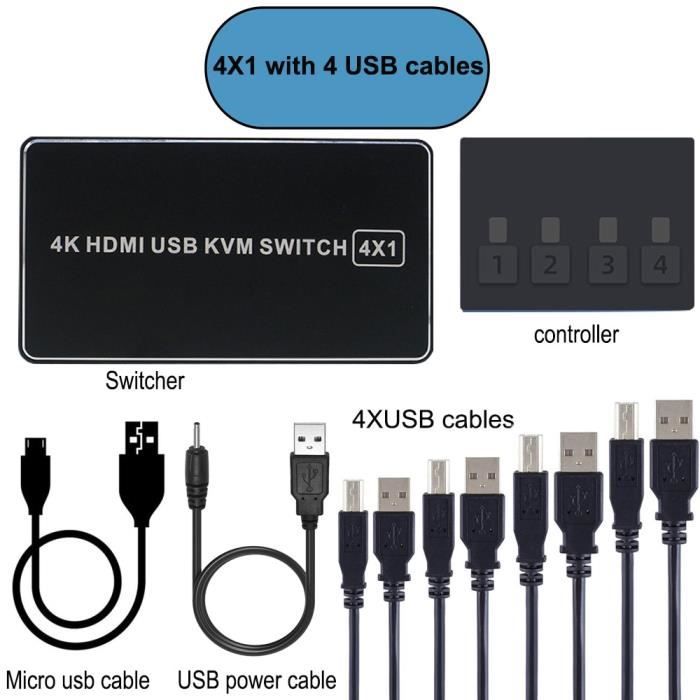 4x1with 4 câbles USB Commutateur KVM 4K compatible HDMI, 4 ports USB, 4x1, 4K x 2K-60HZ, HDCP 2.2, pour PC po