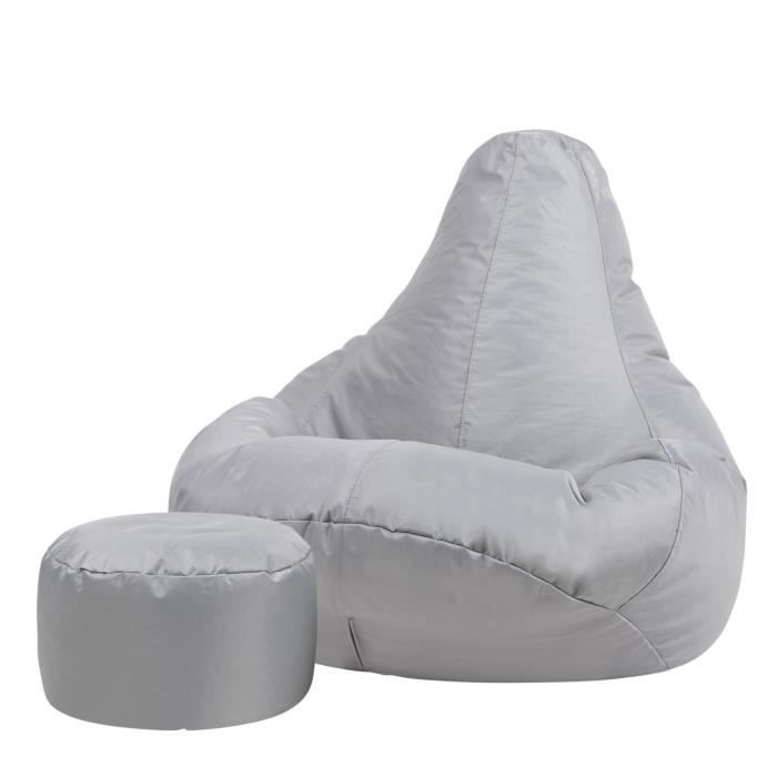 pouf fauteuil recliner et repose-pieds - veeva - textile tissé - résistant à l’eau - gris