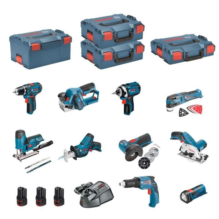 BOSCH Kit 12V BMK10-28CD3 (GSR 12V-15+GTB 12V-11+GDR 12V-105+GWS 12V-76+GST  12V-70+GKS 12V-26+GOP 12V-28+GSA 12V-14+GHO 12V-20) - Cdiscount Bricolage