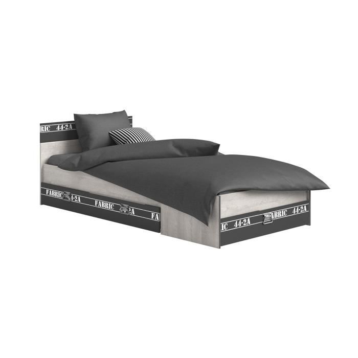 lit avec tiroirs de rangement couchage 90x200 - décor gris loft - 98,6 cm x 207,2 cm x 65,8 cm - calicosy gris foncé