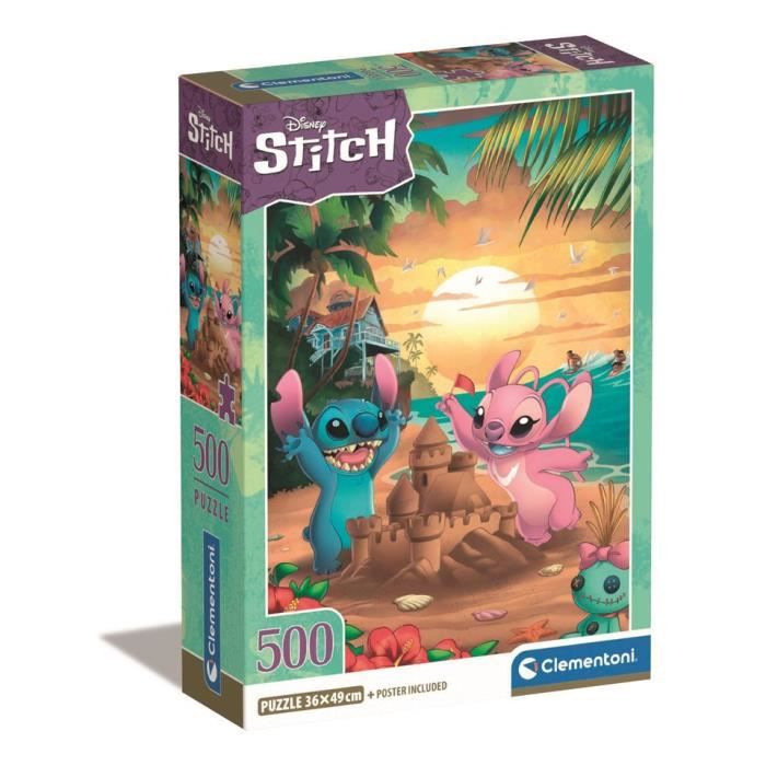 Puzzle 500 pièces Stitch compact Pour enfants à partir de 3 ans Thème dessins animés CLEMENTONI