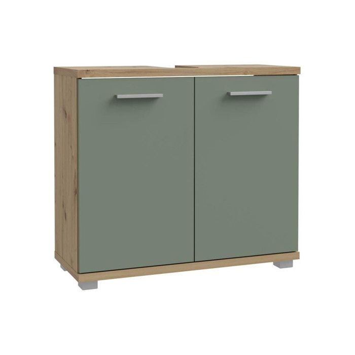 Meuble sous-lavabo - 2 portes - Décor chêne & vert sauge - L699 x P289 x H62 cm - CHAMP