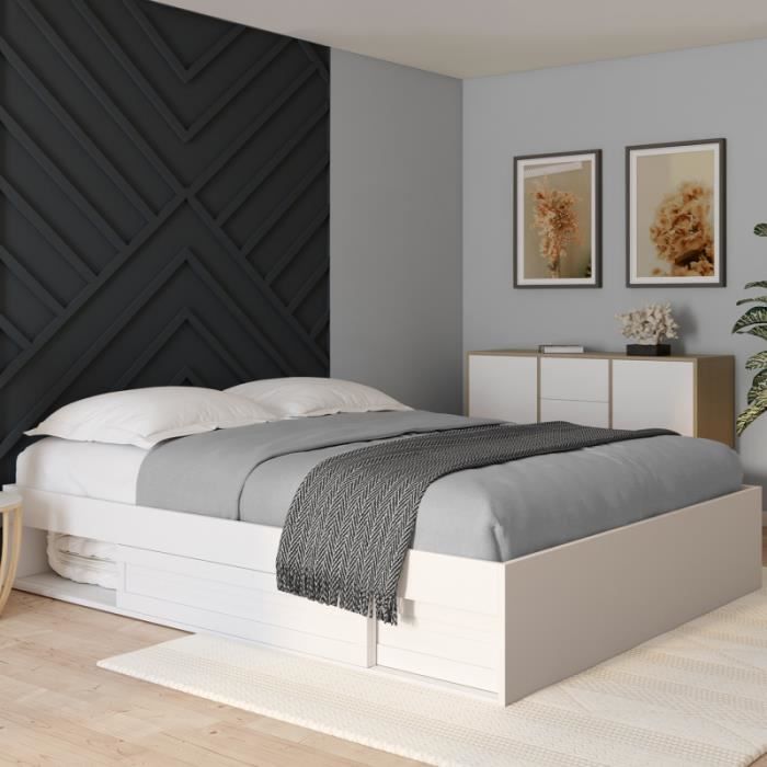 idmarket cadre de lit salem avec rangements et sommier 160 x 200 cm blanc