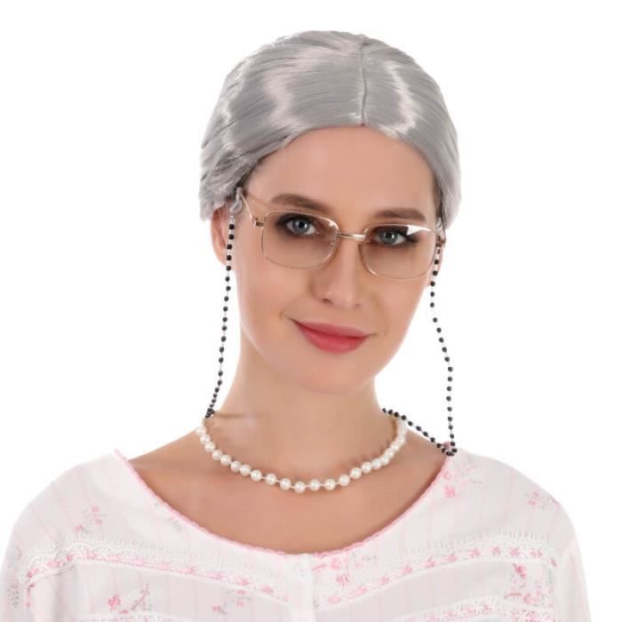 Perruque de vieille dame grise en chignon Costume de grand-mère Perruque de cheveux gris pour personne âgée Déguisement de vieille femme d'Halloween - France