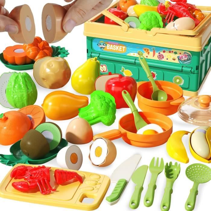 Ensemble Cuisine Enfant 43 Pièces Accessoires Alimentaires/Fruits/Légumes à Découper avec Panier de Rangement Pliable pour Enfants