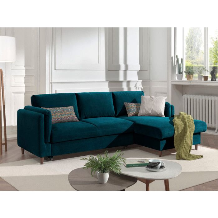 Lisa Design Canap&eacute; d'angle droit convertible 4 places BROOKE - Velours Bleu canard