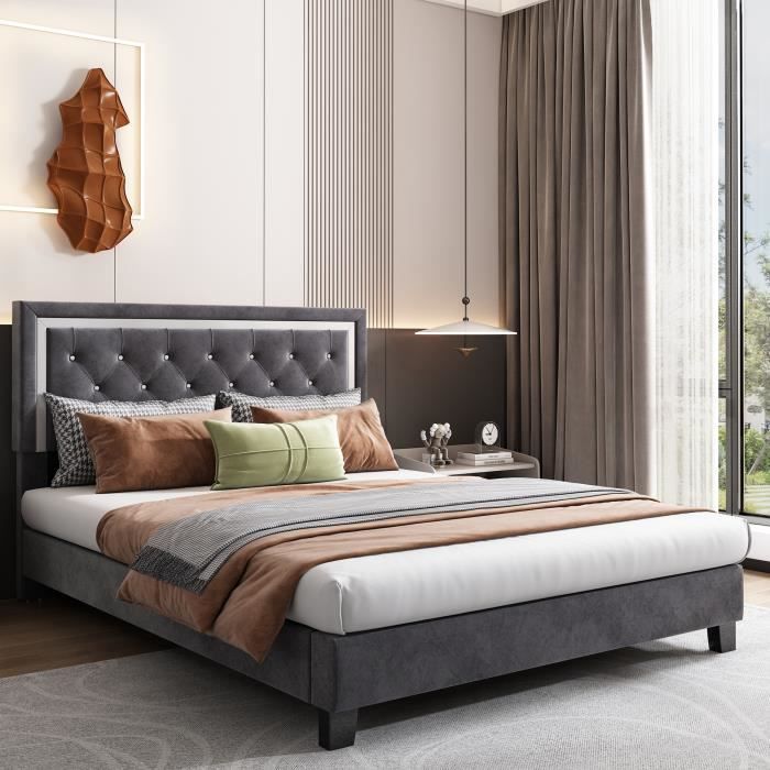 lit capitonné double 140 x 200 cm velours gris, tête de lit réglable, sommier à lattes, décor avec boutons cristal, pour adulte