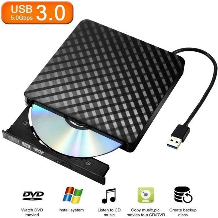 CD Writer Disque dur externe 3.0 Lecteur DVD Lecteur USB RW Lecteur CD  Burner lecteur pour PC portable Noir