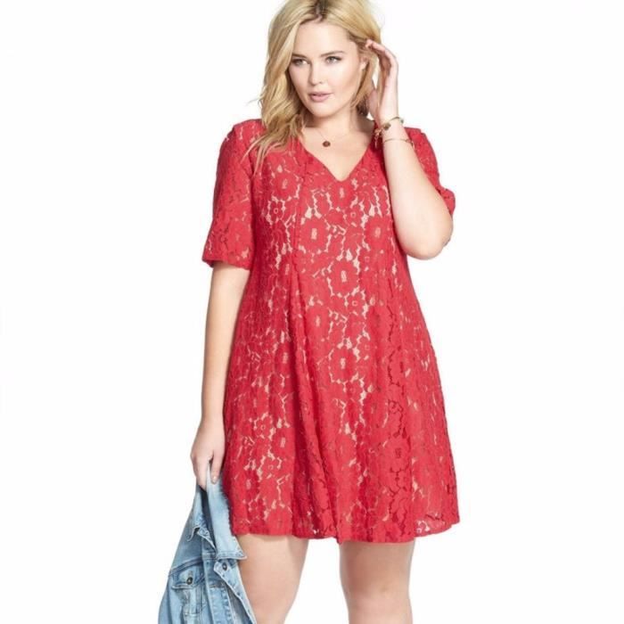 Femmes De Grande Taille En Dentelle A Manches Courtes Casual Ronde Robe De Cou Rouge Rouge Achat Vente Robe Cdiscount