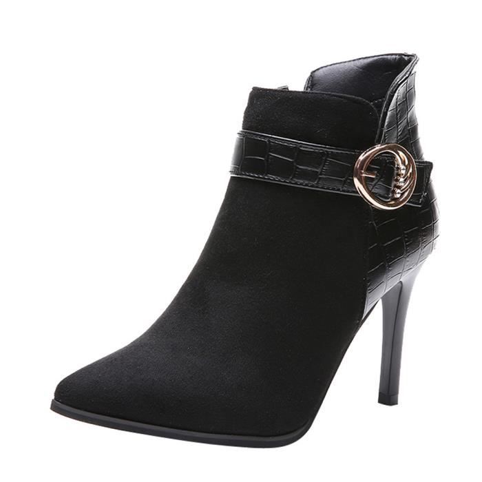 De La Femme A Glissiere Laterale Bottes Talon Haut Boucle De Ceinture Bottes Cheville Talons Aiguilles Chaussures A Talon Noir Cdiscount