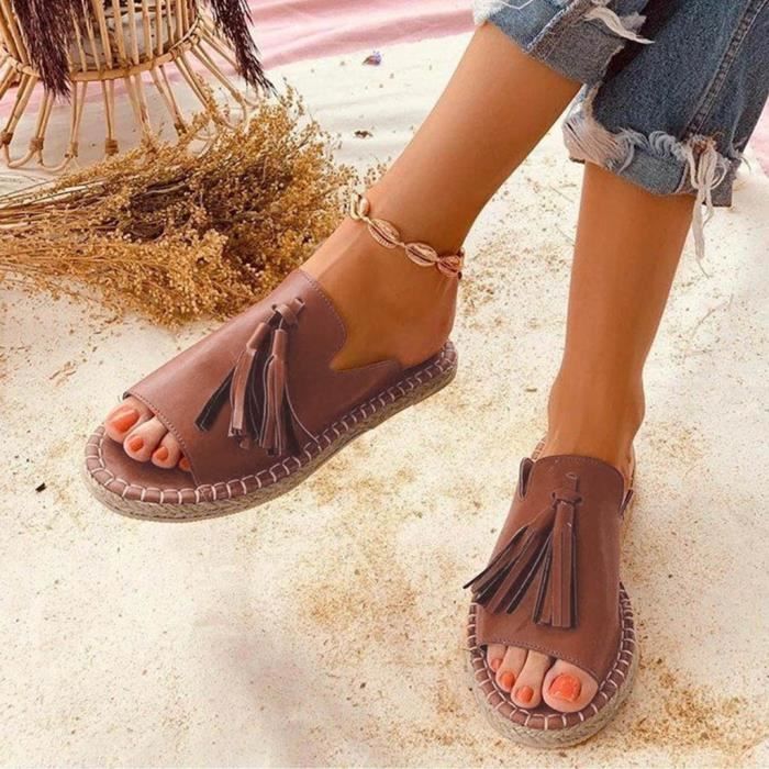 Sandales A Franges Plates Decontractees Pour Femmes Pour Femmes Sandales A Bout Ouvert Marron Marron Cdiscount Chaussures