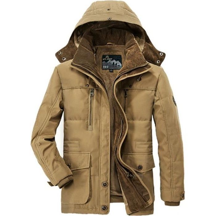KAKI Manteau Homme Hiver A Capuche Mode Avec Velours Retro Longue Vetement Masculin