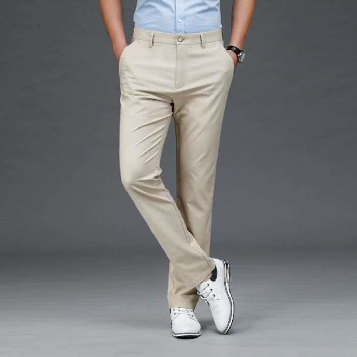 Pantalon Homme de Costume Stretch Coupe Droite Couleur Unie Pantalon Elegant Taille Haute Sans Repassage