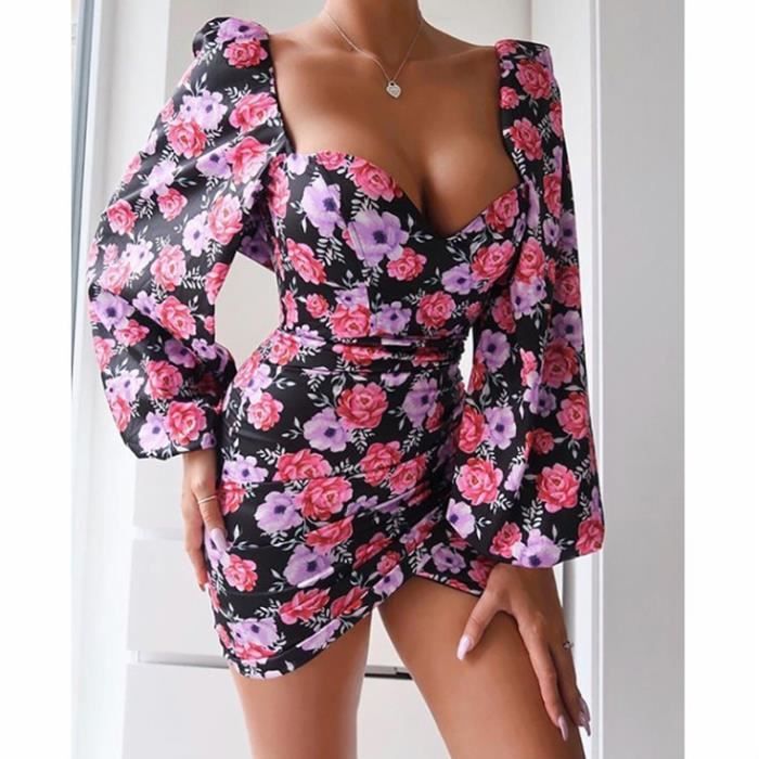 Robe Robe de soiree a fleurs Sexy pour femmes Mini robe de bal manches longues bouffantes Slim nouvelle collection 2020 Blanc Cdiscount Pret a Porter