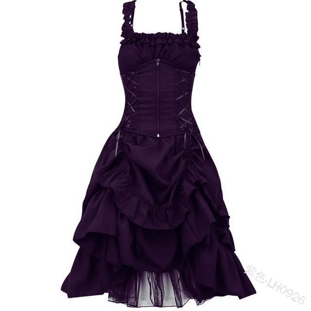 FEOYA Robe Gothique Femme à Bretelles - Robe Médiévale Vintage à Lacets, Style Steampunk Halloween Carnaval Soirée (Violet)