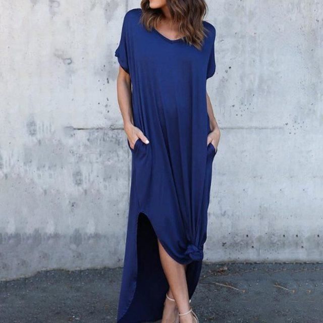 Robe,Robe longue Vintage à manches courtes pour femmes,couleur unie