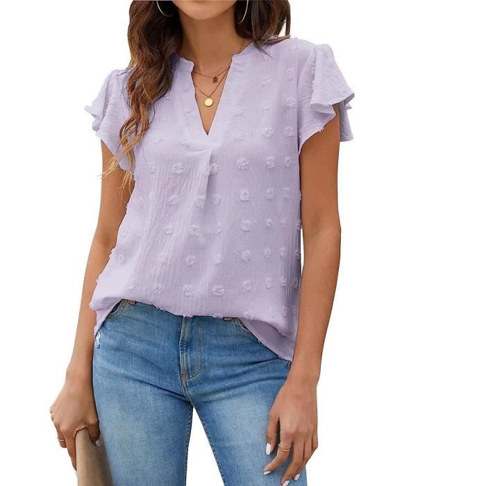 Chemise Femme Chic et Elegant Col V Manches Courtes Chiffon Decontracte D ete Couleur Unie T Shirt Haut Ample Violet clair Violet Cdiscount Pret a Porter