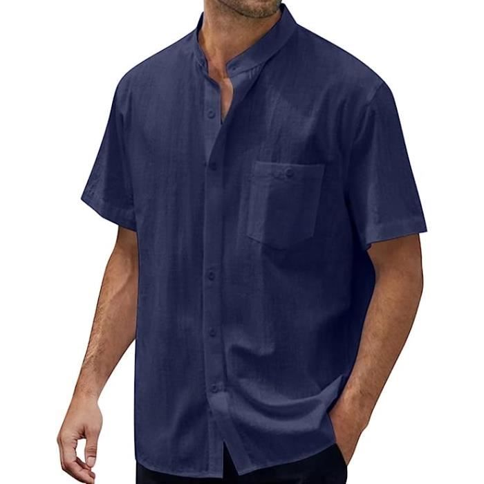 Enlision Chemise Lin Homme Manches Courtes Col Mao - Chemise Été Légère Coton Lin Plage Casual S-4XL