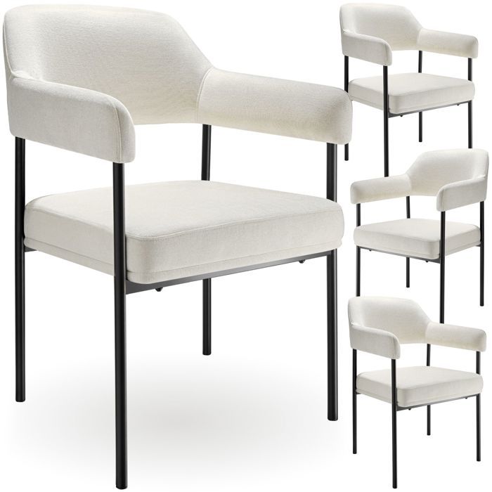 Chaise - TECTAKE - Lot de 4 fauteuils DOÉ aspect velours rembourré pieds en acier et dossier 58 x 62 x 85 cm - Blanc cassé/noir